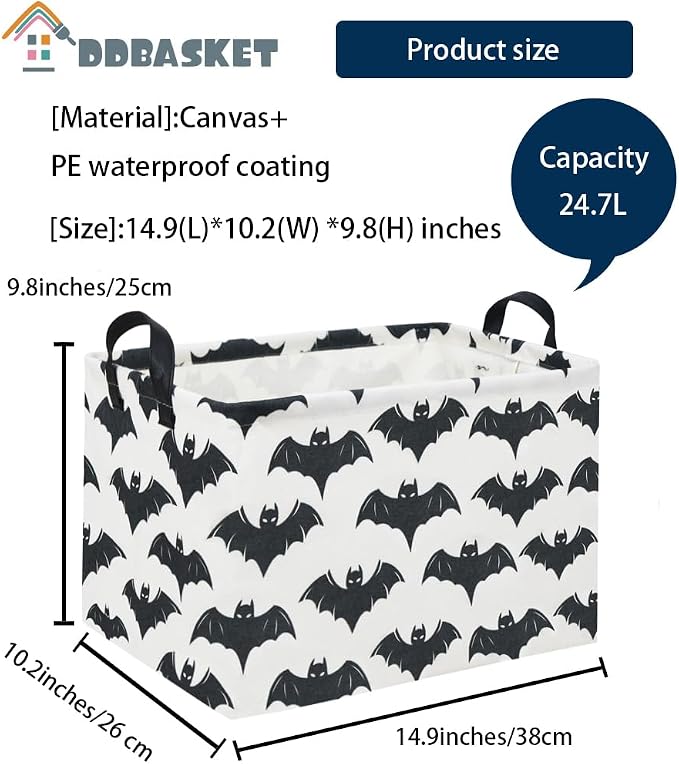 Halloween Basket Empty for Rectangular bat Storage Bins Organizer Bin Box Cute Bat Room Decor for Home(Black Bats)