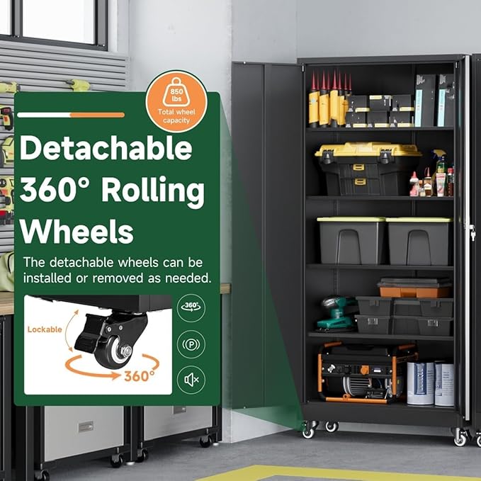 Metal Garage Storage Cabinets with Wheels,Steel Tool Cabinets Lock Door and Adjustable Shelves for Home,Office,Warehouse Organisieren (Black, 75" H)