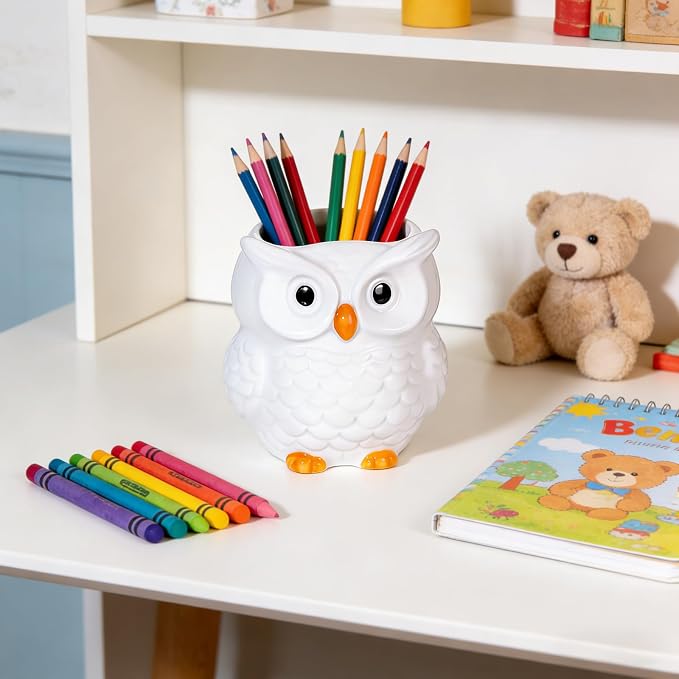 Ceramic Owl Shaped Pen Pencil Holder for Desk Decoration Accessories Owl Decor Makeup Brush Pen Cups Succulent Plant Pot Office School Ideal Gifts for Women, Mom or Birthdays