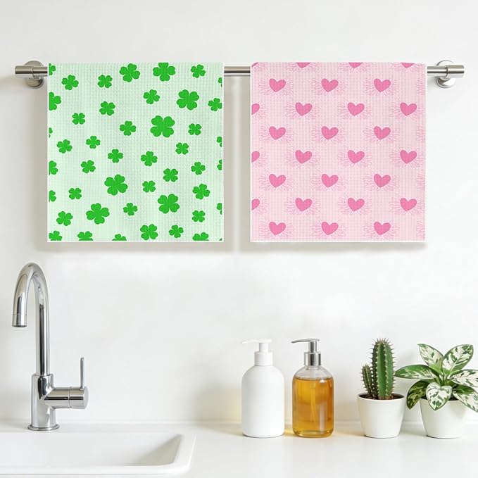 Four-Leaf Clover and Heart Waffle Kitchen Towels, Quick Dry Multipurpose Hand Towels for Bathroom, Absorbent Reusable Cloth Tea Dish Towels for Home Decor, Gift Towel Set of 2 for Woman Man Friends