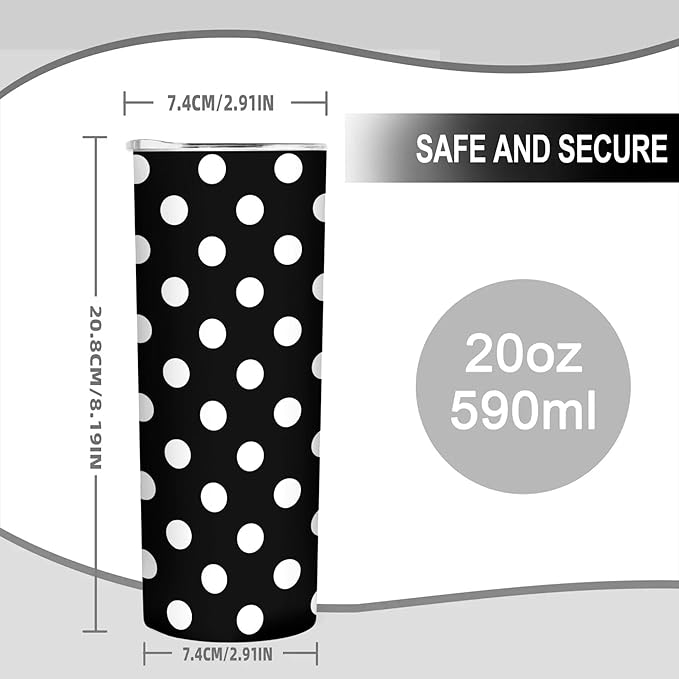 20 oz Insulated Stainless Steel Tumbler Mug, White Black Polka Dot Cup with Lid, Hot and Cold Insulation Presents for Men Women Teens
