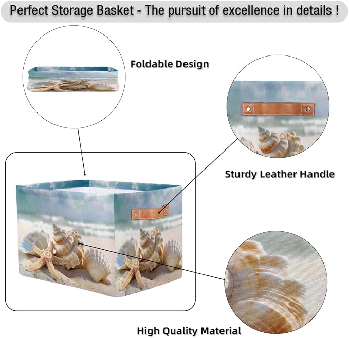 SEULIFE Summer Ocean Sea Beach Seashell Starfish Foldable Storage Basket, Large Collapsible Organizer Storage Bin Cube Toys Storage Boxes with Handles for Bathroom Kids Nursery Closet Storage, 2 Pack