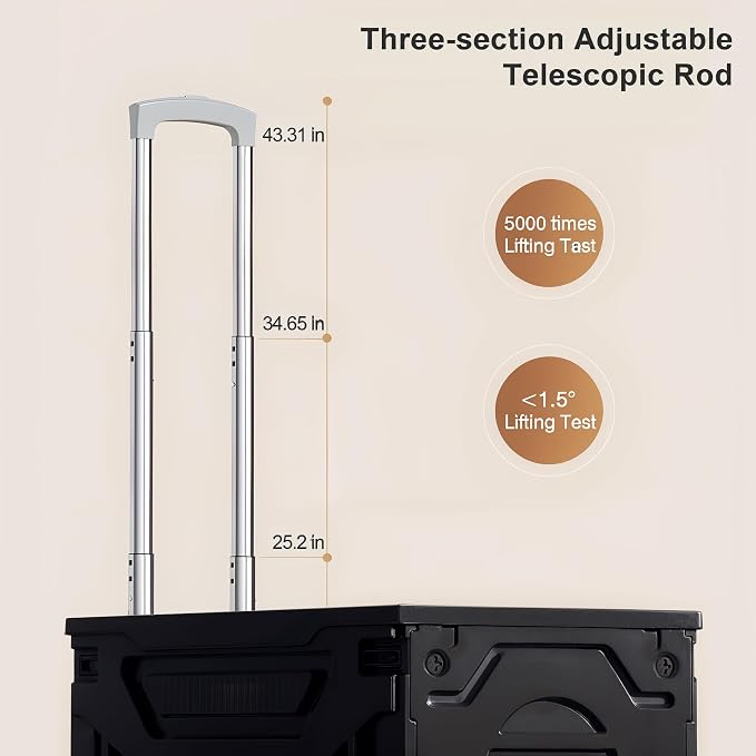 VECELO 66LHeavy-Duty 2-in-1 Foldable Utility Cart, Large Capacity Rolling Crate, Thickened Material with Silent Swivel Wheels, Dual Modes (Basket/Flatbed) for Grocery, Laundry, Camping, Black