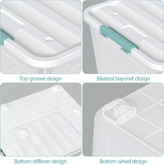 85 Quart Large Plastic Clear Storage Bins with Wheels, 4 Packs | Stackable Large Capacity Plastic Organization Box with Wheels