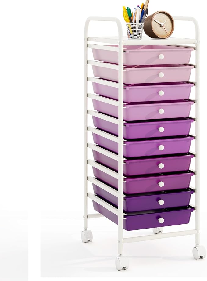 10 Drawer Rolling Storage Cart, Organization Cart on Drawers for Craft Makeup Paper Tool Art Supply, Versatile Utility Cart on Wheels for Home Office Classroom School (Gradient Purple)