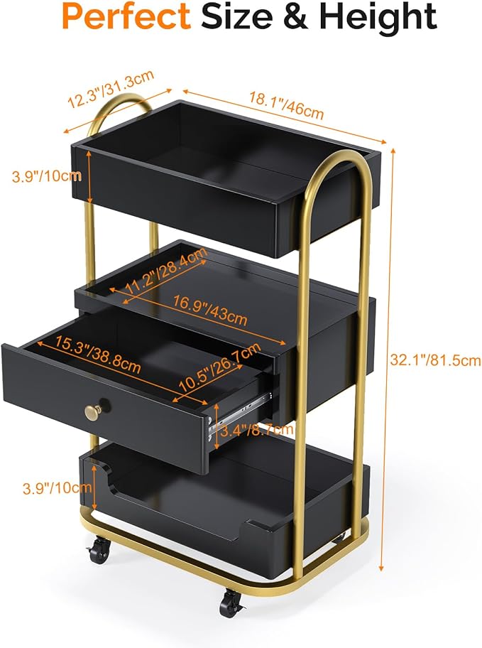 OmySalon Salon Trolley Cart, Hair Styling Station with 3 Trays & 1 Drawer, 2 Lockable Wheels, Esthetician Cart Mobile Storage Cabinet for Beauty Spa Barbershop, Black