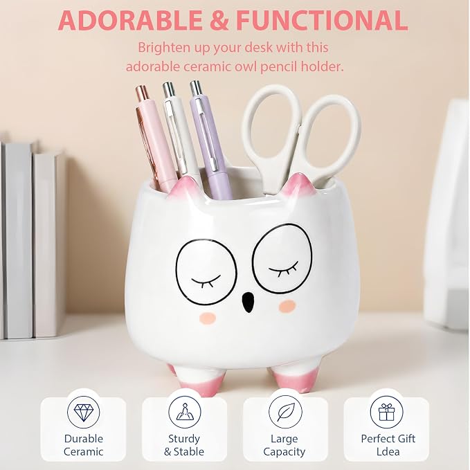 Ceramic Cat Shaped Pen Pencil Holder for Desk Decoration Accessories Cat Decor Makeup Brush Pen Cups Office School Ideal Gifts for Women, Mom or Birthdays