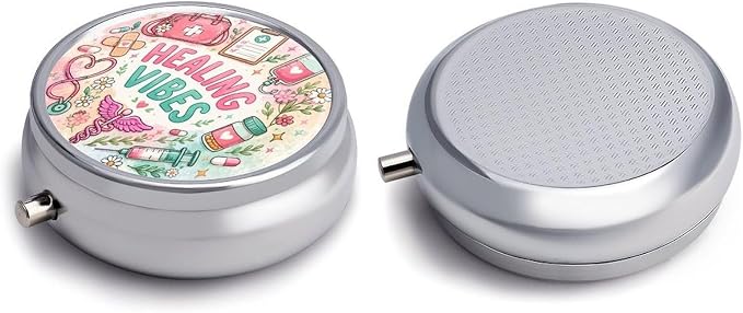 Healing Vibes with Pastel Blooms Round Pill Box with 3 Compartments, Portable Travel Pill Organizer with Spring Snap Closure for Vitamins Supplements Fish Oil