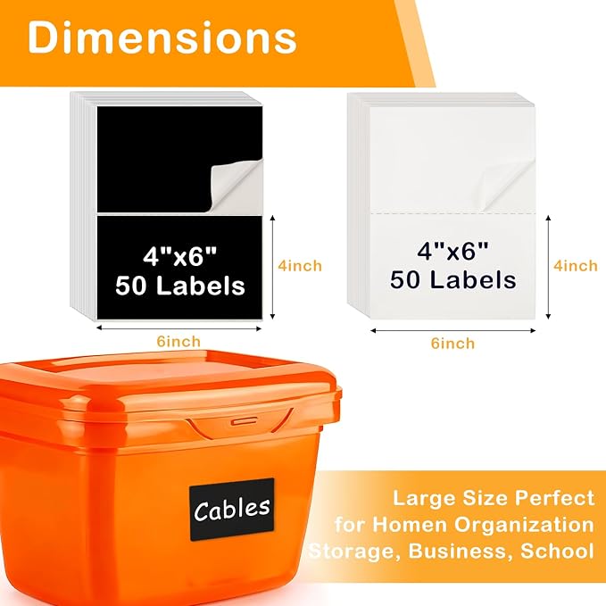 4x6 Inch Removable Storage Bin Labels 100 Pcs (50 Sheets, 25 Black & 25 White) and 2 Markers, Water Oil Tear Resistant No Residue Matte Labels for Home Organization, Packing & Storage Bins