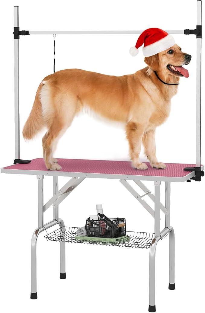 Pet Dog Grooming Table, Foldable Stainless Steel Pet Drying Grooming Table Up to 330lbs, Professional Bathing Desk for Dogs at Home with Adjustable Overhead Arms, Noose, Mesh Tray, 46''/Pink