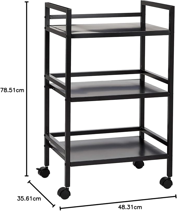 Amazon Basics 3-Tier Metal Rolling Utility Cart, Storage Organizer, Multifunctional Storage, Mobile Shelving, Black