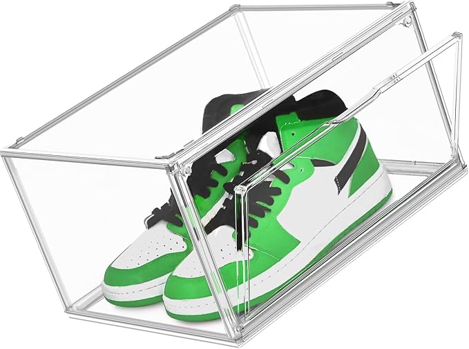 2 Pack Acrylic Clear Shoe Storage Boxes, Fits Up to Men's Size 12 | Transparent Display Case for Sneaker Collections, Baseball Caps, Hat Organizer Dust-free Shoe Cubbies Stackable Sneaker Boxes