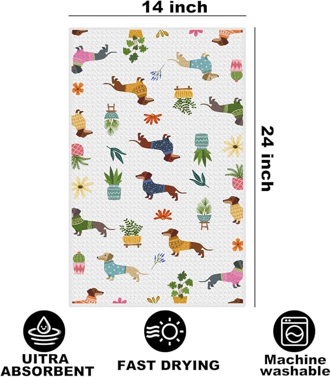 Hanamiya Na Dachshund Kitchen Towels 24x14 Inch, Dachshund Gifts Reusable Dish Towels for Kitchen Bathroom Decor, Waffle Weave Hand Cloth Tea Towel, Cute Weiner Dog Gifts for Women Friend