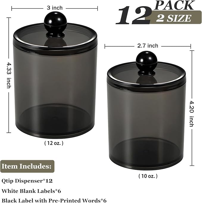 SheeChung 12 Pack Black Qtip Holder,Acrylic Apothecary Jars with Lids | (6) 10oz & (6) 12oz,Plastic Bathroom Canistersfor Cotton Swabs, Balls, Pads, Floss Picks, Home Bathroom Storage Organizer