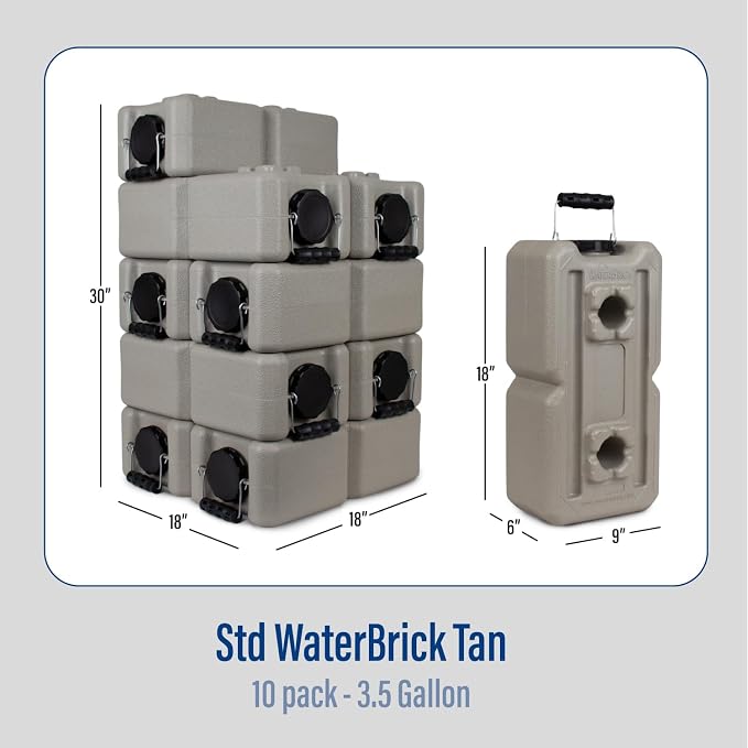 WaterBrick International Storage Containers for Emergency Water | 10-Pack Stackable 3.5 Gallon Bricks | Food-Grade HDPE Plastic | BPA-Free | STD Tan
