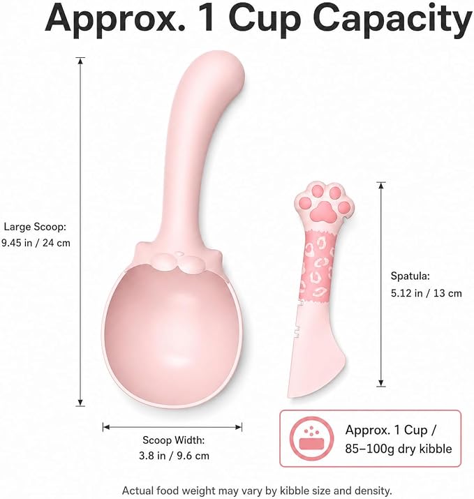 Meow&Woof Cat Food Scoop and Wet Food Spatula Set, 2-Piece Pet Food Measuring Scoop with Bag Clip, Approx. 1 Cup Dry Food Scooper & Silicone Can Spoon for Dogs and Cats, Pink