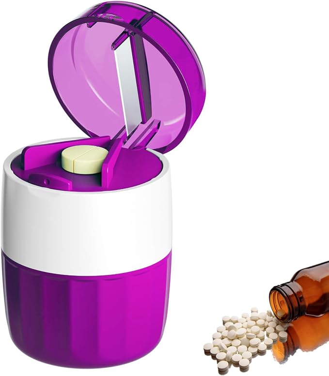 Pill Cutter Splitter for Small and Tiny Pills Vitamins Tablets, Built-in Storage Compartment, Pill Crusher Fine Powder with Stainless Steel Grinding Head,Pills Grinder with Pill Box Organizer (Purple)