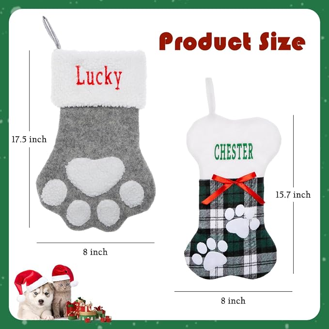 Personalized Christmas Stockings for Dogs Cats, Custom Pet Christmas Stockings with Embroidered Name, Pet Paw or Large Bone Xmas Stockings for Holiday Decoration (3 Pcs)