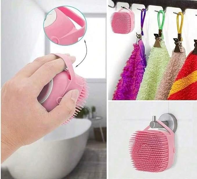 Dog Bath Brush with Shampoo Dispenser – Soft Silicone Pet Massage Scrubber for Short & Long Haired Dogs & Cats – Shedding & Grooming Brush for Deep Cleaning – Stress-Free Pet Bathing Supplies (Pink)