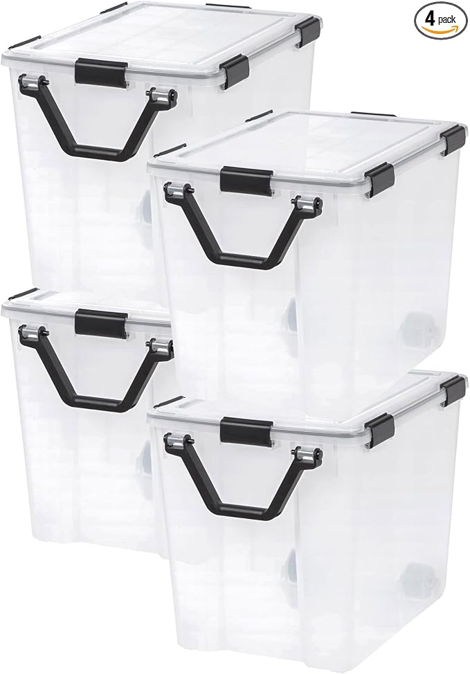 IRIS USA WeatherPro 103 Qt Storage Bins with Lids, 4 Pack, BPA-Free Plastic Gasket Box with Tight Latch and Seal, Stackable Nestable Tote Tub - Clear/Black