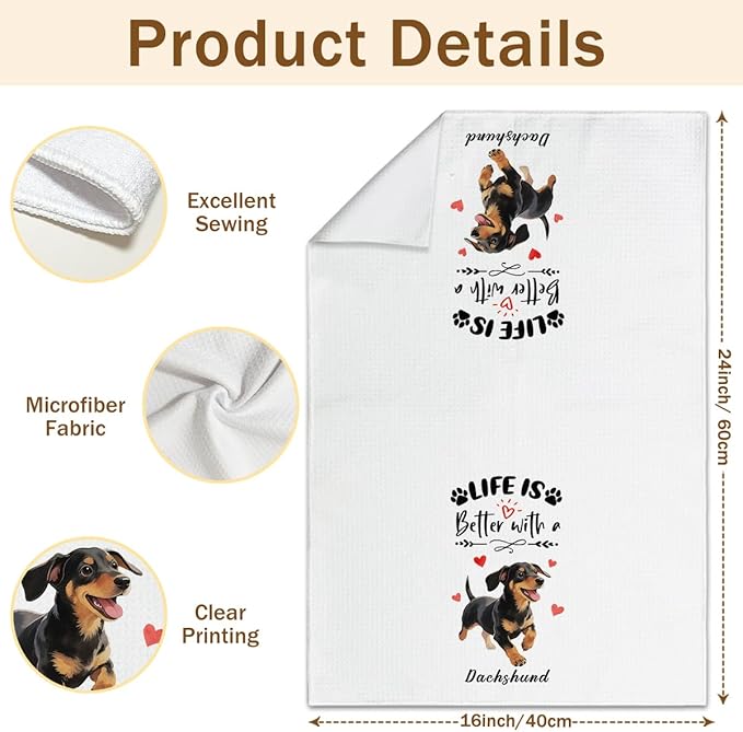 WwongxianB Dachshund Kitchen Towels Decorative Set of 2, Funny Tea Towel Hand Towels Highly Absorbent Soft Dish Cloths 16x24 Inches, Bathroom Decor, Weiner Gifts for Dog Lovers -06