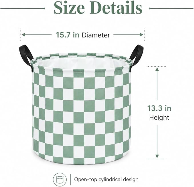 MAIZMZ 3 Pack Sage Checkered Storage Baskets Kids Hamper,Girls Room Decor,15.7"D x13.3"H, Waterproof Lining,Collapsible for Laundry, Toys, Clothes, Gift Set