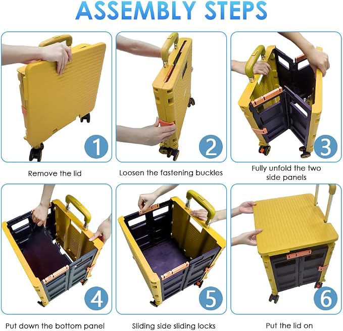 Foldable Utility Cart Portable Collapsible Crate Rolling Carts with Wheels Rolling Tote Basket Teacher Cart with Lid Wear-Resistant 360°Rotate Wheel Noiseless for Shopping Storage Office Use