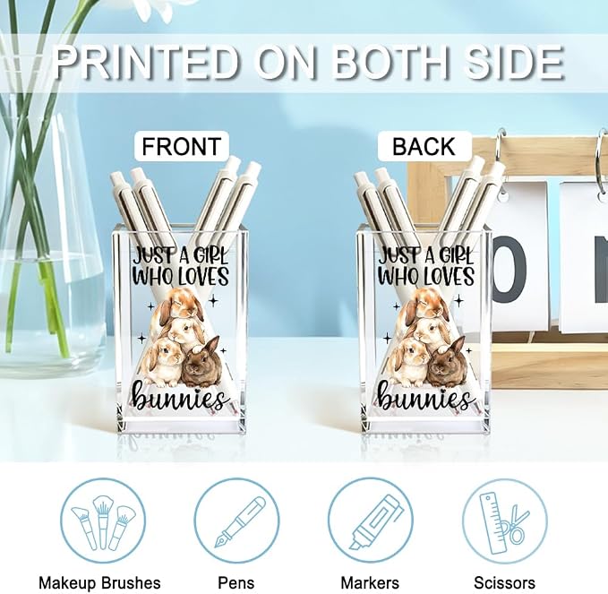Just A Girl Who Loves Bunnies Acrylic Pencil Holder Cup for Women | Inspirational Gifts for Friends, Funny Bunnies Pen Holder for Girls Bunny Lover, Pencil Cup for Desk, Makeup Organizer