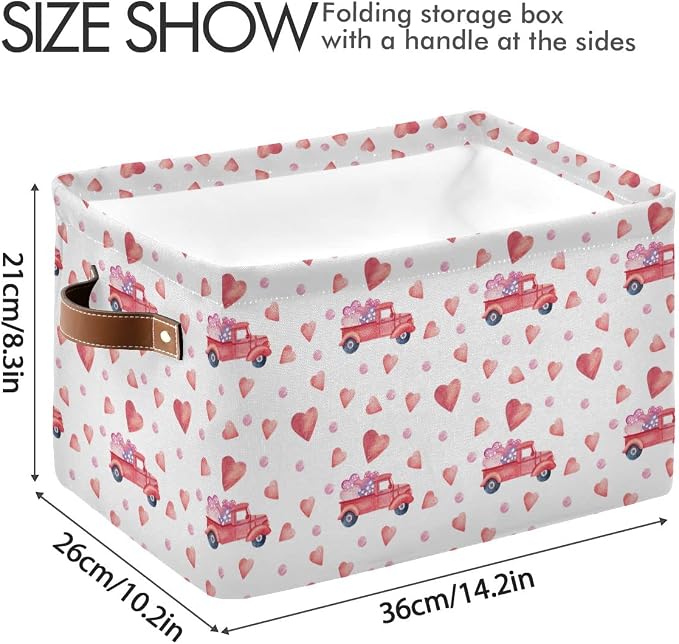 Happy Valentine's Day Storage Basket Fabric Laundry Baskets Love Heart Pickup Truck Car Storage Boxes Organizer Bag for Baby Cloth Dog Toy Book Storage Cubes Shelf Closet Bins 16×12×8 Inches