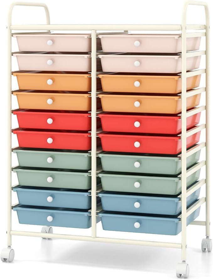 20 Drawer Rolling Storage Cart, Art Cart Organizer with Wheels for Makeup, Tool, Paper, Multipurpose Craft Storage Cart with Drawers for Office, Home, Classroom, School (Macaron Color)