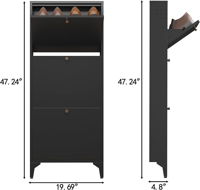 Shoe Cabinet with 3 Flip Drawers, Narrow Shoe Storage Cabinet, Farmhouse Shoe Organizer, Freestanding Organizer with Metal Legs for Entryway, Foyer (Black, Narrow 3-Door)