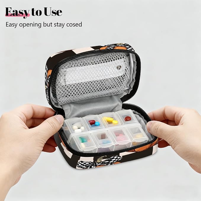 Travel Pill Organizer Black White Plaid Pumpkin Small Pill Case