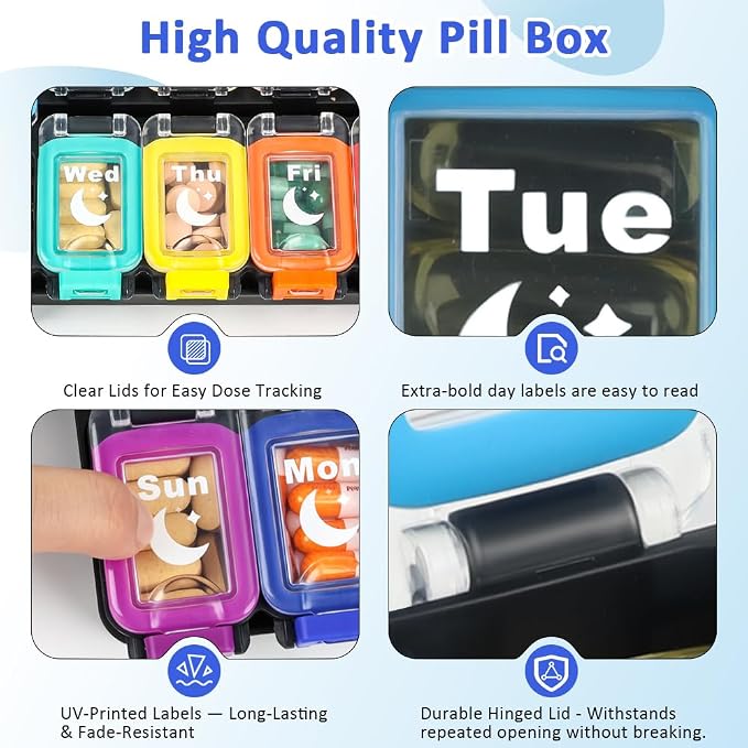 Shintop Weekly Pill Organizer 2 Times a Day, Moisture-Proof Vitamin Box | Secure-Locking Medicine Case, 14 Large Compartments for Fish Oil Supplements, Detachable Rows for Home & Travel, Bold Labels