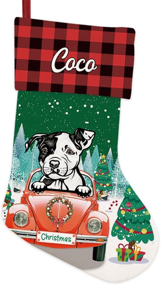 Personalized 1 Pack Christmas Stocking Pit Bull Dog Stocking Christmas Tree Winter Fireplace Holiday Decoration 14"