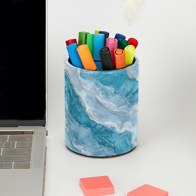 Faux Leather Pen Holder for Desk, Pencil Organizer Blue Marble Texture Pen Cup Desk Decor Makeup Brush Holder Storage for Office Home