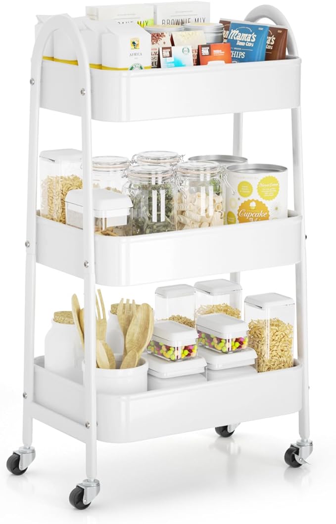 3 Tier Rolling Cart Under Desk, Large Metal Storage Cart with Handle and Lockable Wheels, Big Multifunctional Storage Organizer Trolley for Kitchen, Living Room, Office, Garage (White)