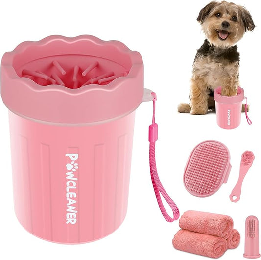 Professional 7 in 1 Dog Paw Cleaner for Dogs & Cats - Includes 1 Portable Paw Washer, 1 Bath Brush, 2 Dog Toothbrushes and 3 Absorbent Towels Note: Fits Paws up to 2 Inches Wide (Small, Light Pink)