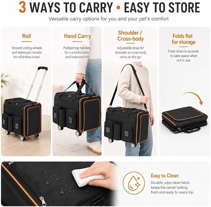 Large Cat Carrier on Wheels for 2 Cats, Double Rolling Pet Carrier with Wheels & Mesh Windows,Foldable Travel Crate for Dogs Cat for Airplane,Travel,Car,Camping