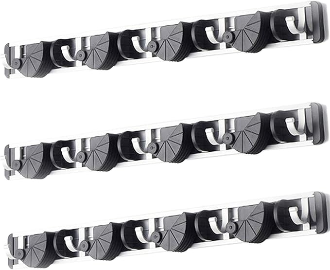 HUJI Wall Mount Broom Clamp Holder 4 Positions Grip Organizer & 5 Hooks Rack Home Kitchen Garage Mop tools Storage Organization System (3, 4 Position Grip Clamp Holder)
