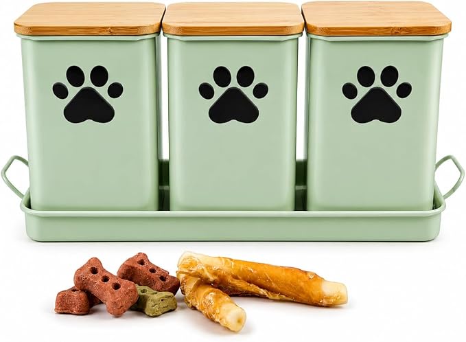 Set of 3 Metal Dog Treat Jars,60oz Airtight Dog Treat Container with Bamboo Lids,Cat Treat Canister,Puppy Cookie Container for Kitchen Counter,Coated Galvanized Steel-Green