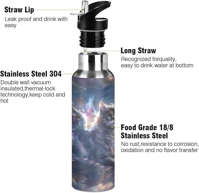 Unicorn Cat with Wings Water Bottle with Straw Lid Kids Insulated Stainless Steel Water Flask Sports, 20 Oz Hot Cold