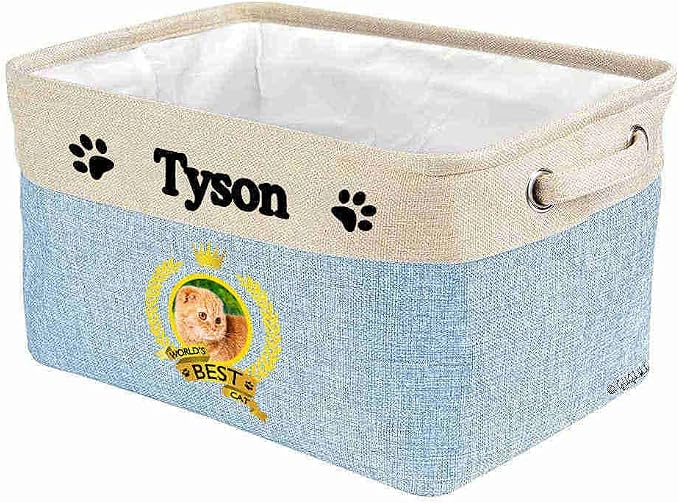 Custom Name Collapsible Dog Toy Storage Basket Bin World's Best Cat Scottish Fold Foldable Pet Toy Box Closet Shelf Baskets Organizer for Bedroom Home Dog Cat with Handles Blue