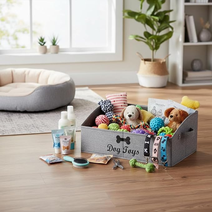 Morezi Linen-cotton blend dog toy basket and dog toy box, dog toy basket storage - Perfect for organizing pet toys, blankets, leashes, chew toys - Snow Grey - Dog
