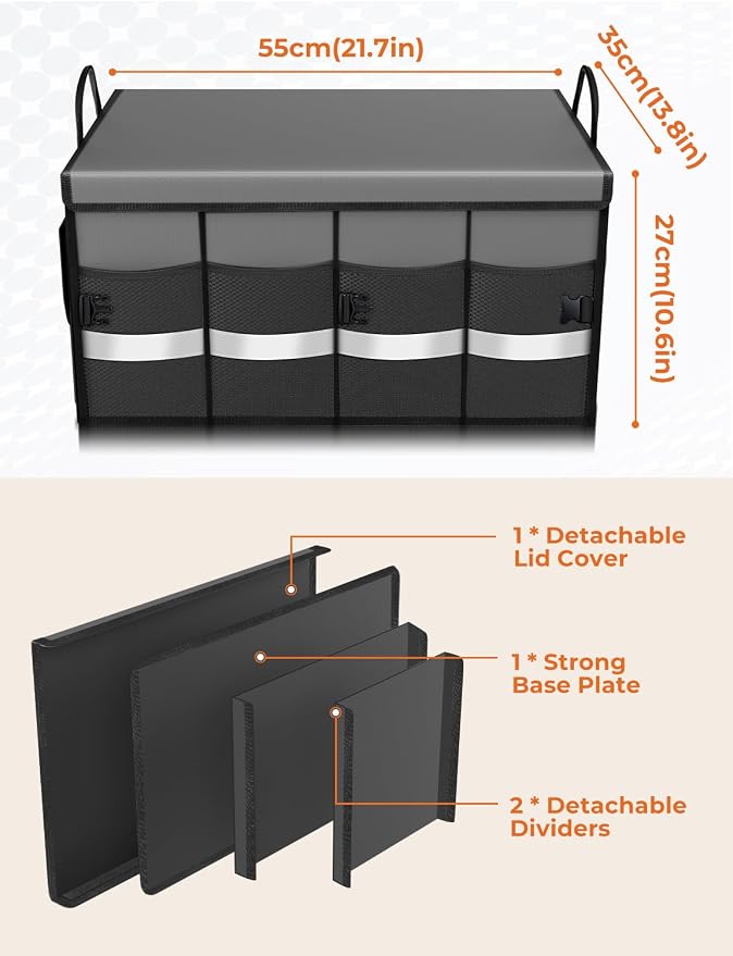Oasser Car Trunk Organizer Collapsible Multi Compartments SUV Trunk Organizer with Reflective Strip Foldable Cover | 4 Mesh Pockets, 600D, Non-Slip Bottom, Reflective Strip, 35kg Load, for SUV Saloon Estate Daily Storage, Shop & Family Trip