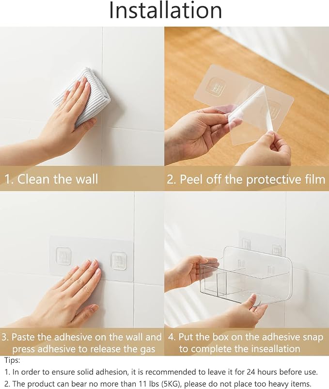Poeland 2 Pack Wall Mount Storage Organizer, Clear Storage Box Holder Basket with 3 Compartments No Drilling Hang Walls/Doors for Kitchen, Cabinet, Bathroom, Bedroom, Office
