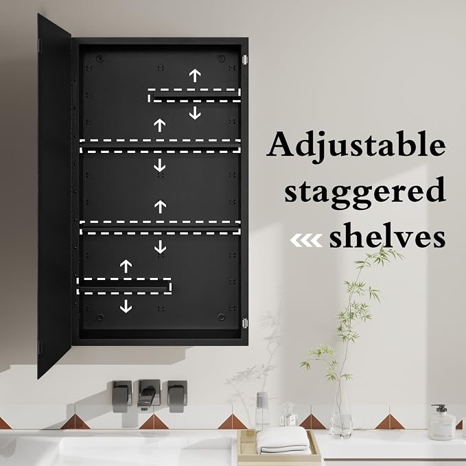 Black Metal Medicine Cabinet, 20 x 36 Beveled Mirror, Recessed Wall Storage | Recessed or Surface Mount Mirrored Cabinet with Adjustable Staggered Shelves, Piano Hinge, Reversible Door Swing, Matte Black