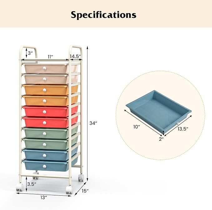 10 Drawer Rolling Storage Cart, Organization Cart with Drawers for Craft Makeup Paper Tool Art Supply, Versatile Utility Cart on Wheels for Home Office Classroom School (Macaron Multicolor)