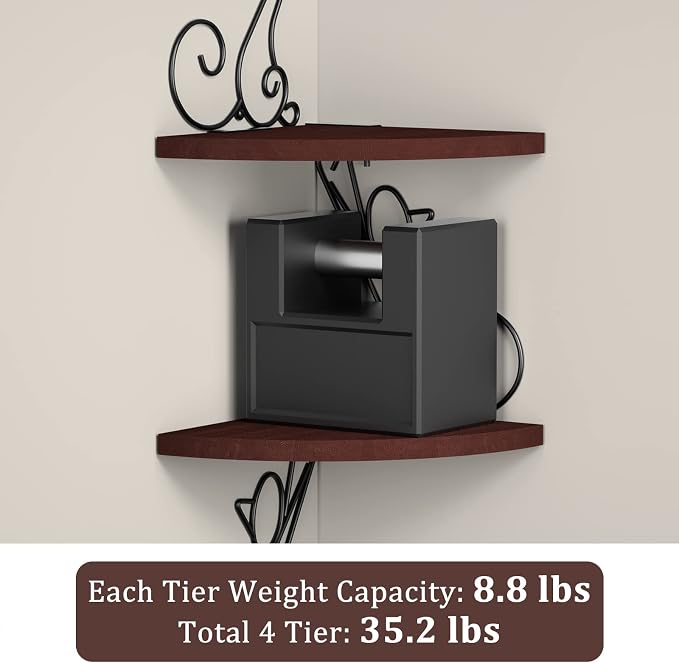 Alsonerbay 4-Tier Cat Shaped Corner Floating Shelf Wall Mount, Walnut | Curved solid wood, 35.2 lbs total capacity, reinforced metal bracket, rustic decor, for bedroom, living room & kitchen