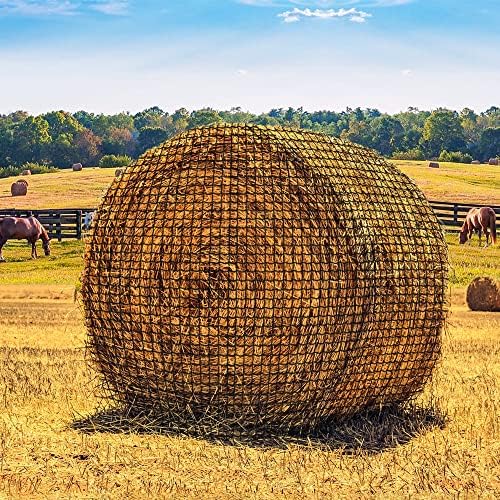 Bloomoak Large Round Bale Hay Net for Horses, 5 * 5 Feet Knotless Design Slow Feed Hay Net Feeder for Livestocks, with 1.5" Hole/2.5" Hole (1.5" Hole for Slow Feed)