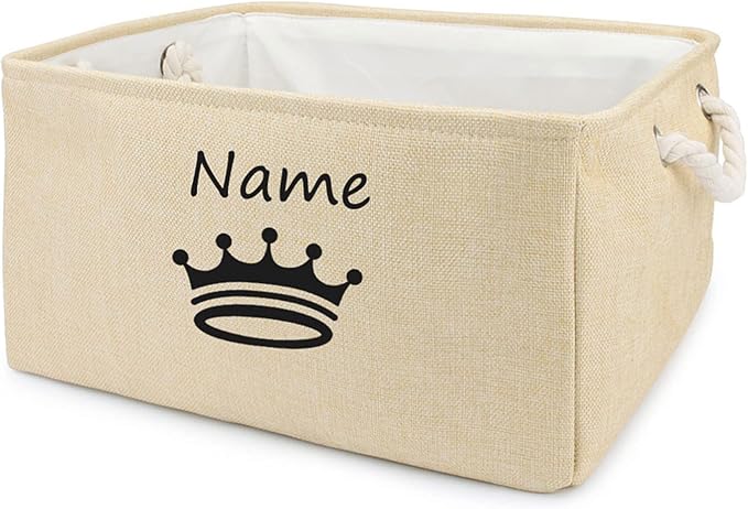 Personalized Dog Toy Storage Basket Bin Collapsible Customized Pet's Name Storage, Organizer for Dog Toys、Clothing、Apparel & Accessories with Box Crown Print(Beige-L)